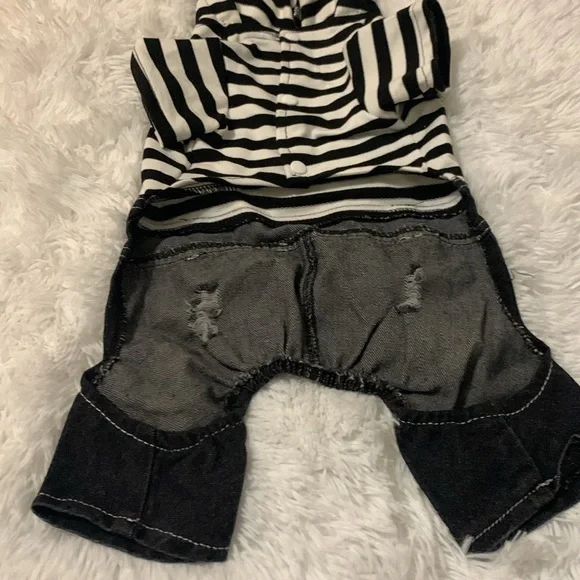 Dog One Pc Fashion Outfit Denim Overall Striped Hoodie Size Large - Picture 4 of 4